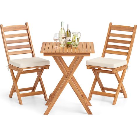 Set da bistrot da esterno in legno di acacia, 2 sedie pieghevoli e tavolo, Cuscini morbidi senza braccioli con schienale alto (1/5)