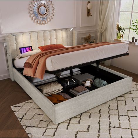 Cama tapizada 160x200 cm de lino beige/natural con cabecero, luz de lectura y USB, canapé elevable (1/5)