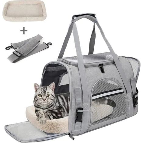 Sac Transport Chat Chien,Respirant et Pliable Caisse De Transport Chat avec Tapis Amovible Doux et Bandoulière, gris pour Voyage (1/4)