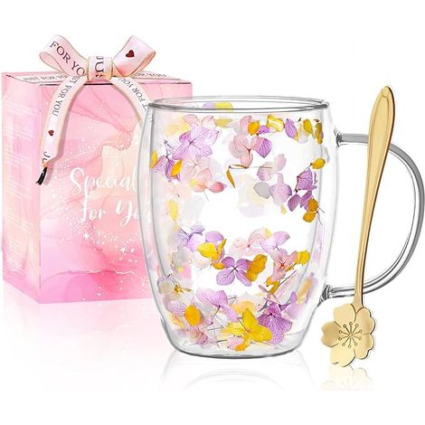 Geschenke für Frauen: Doppelwandige Glas-Kaffeetasse mit Trockenblumen, niedliche Teetassen mit isolierten Henkeln – Weihnachts- und Geburtstagsgeschenke für die beste Freundin, Lehrerin oder Mama. (1/5)
