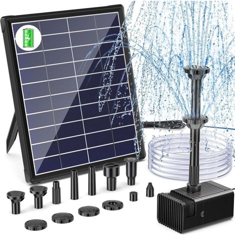 Solar-Gartenbrunnen, drahtlose Außen-Wasserpumpe mit 5,5 W und integrierter 3000-mAh-Batterie, Förderleistung 350 l/h, flexibler Schlauch (1,5 m) + 6 Düsen, ideal für selbstgebaute Vogelbäder – kompak