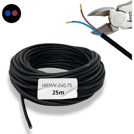 Câble Électrique - 25m - 2x0,75mm² - PVC Noir H03VV-F - Intérieur Extérieur - Diamètre 5,5mm (1/5)