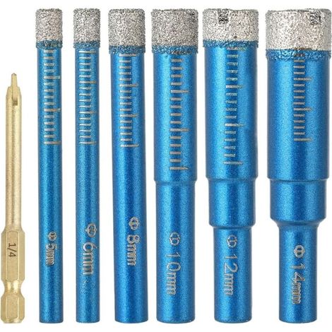 Ensemble complet de 7 pièces foret carrelage, incluant meche carrelage diamant 6mm et tailles 5/8/10/12/14 mm, parfait pour céramique, granit, verre, porcelaine et marbre, usage professionnel. (1/4)