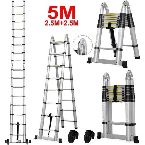 Échelle télescopique pliable - 5M (2,5M+2,5M) - Alliage aluminium - Hauteur dépliée 5 m - Hauteur pliée 86 cm