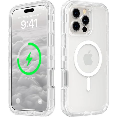Questa custodia trasparente MagSafe è progettata per iPhone 16 Pro e offre una protezione a triplo strato contro urti e cadute, elevata resistenza e ricarica magnetica per uno schermo da 6,3 pollici. (1/2)