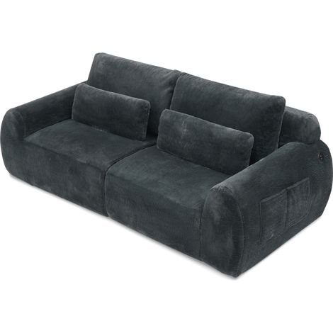 Sofá de 2 plazas gris de tejido suave efecto pelo de conejo con puerto USB y bolsillo lateral (1/5)