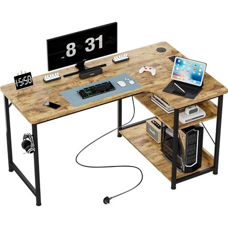 Bureau Gaming en Forme L, 120x80 cm Bureau d’Ordinateur avec Port de Charge USB et Prise de Courant, Bureau d’Angle avec Étagère de Stockage, Crochet pour Casque, Table de Jeu (1/5)