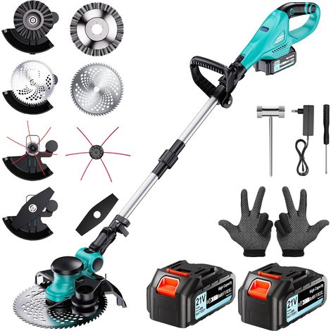 Tondeuse à gazon avec batterie, Tondeuse électrique avec 2 x 4,0 Ah batteries et chargeurs, débroussailleuse avec brosse anti-mauvaises herbes, moteur sans balais 1000W, tondeuse électrique pour les (1/5)