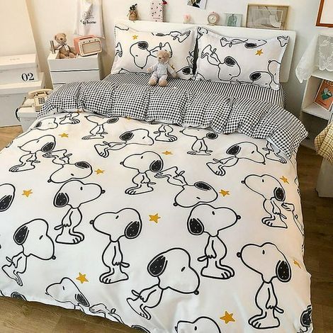 Parure de lit 3/4 pièces Snoopy Kawaii, housse de couette coton doux, drap et taie d'oreiller, dessin animé, confortable, literie maison, cadeau. (1/4)