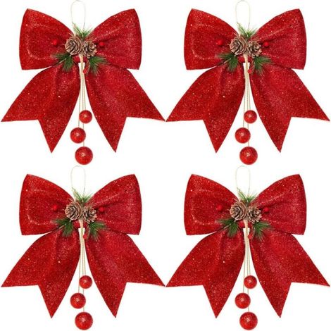 Glitzernde Weihnachtsschleifen, rote Kranzschleifen, glitzernde Weihnachtsbaumschleifen, dekorative Weihnachtsschleifen für Zuhause, 4 Stück