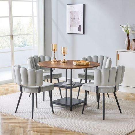 CAIziEnsemble table et chaises. Table à manger ronde 107 cm aspect noyer avec double niveau de rangement + 4 chaises de salle à manger en tissu gris clair avec dossier en forme de fleur – idéal pour l