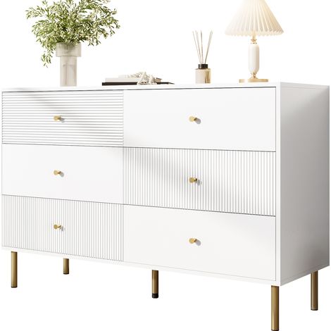 Cómoda moderna de 6 cajones, cómoda blanca con tiradores de aleación de zinc y patas de acero, mueble de MDF de 120 × 40 × 78 cm para dormitorio, salón o recibidor.