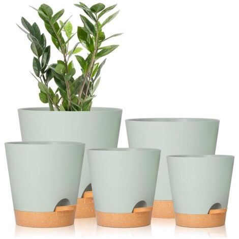 QORVA-Ensemble de 5 pots de fleurs verts à arrosage automatique de 7/6,5/6/5,5/5 pouces avec trous de drainage, pots de fleurs en plastique, pots de plantation adaptés à toutes les plantes d'intérieur (1/5)