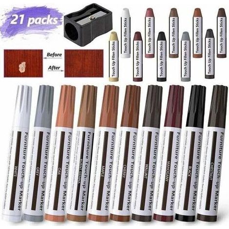 FENOPLASTICA21 Pcs Stylos De Retouche De Meubles Marqueur Feutré Multi-Usages Kit De Réparation De Meubles Destiné à Teintures, XU, Égratignures, Planchers De Bois, Tables Equipé de Taille-Crayon - KZ (1/4)