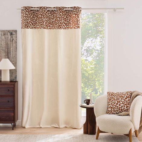 Rideau tamisant en polycoton avec bandeau jacquard chenille léopard Marron 140x240 cm (1/2)