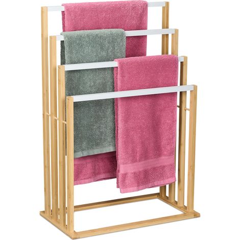 Relaxdays Toallero de Pie con 4 Barras Escalonadas, Colgador de Toallas de Bambú, 82 x 55 x 31 cm, Natural y Blanco