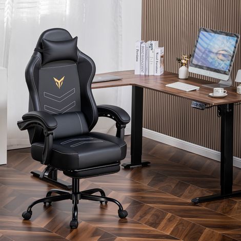 Chaise gaming, ergonomique avec repose-pieds, siège de bureau réglable en hauteur avec coussin lombaire et appui-tête, fauteuil pivotant en similicuir noir.