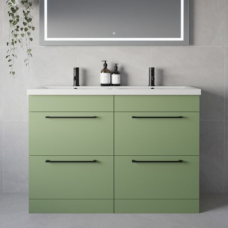 Napoli 390 Olive Green 1200mm 4 Drawer Vanity Unit with Double Glide Basins - 1200mm - Matt Black 320mm Handle