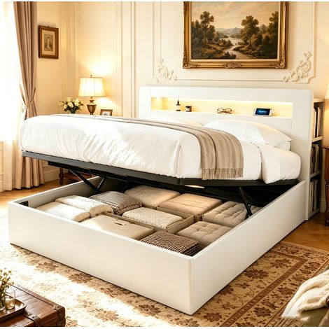 Lit moderne en bois blanc 180x200 cm avec tête de lit de rangement, LED, prises intégrées et coffre relevable hydraulique (1/5)
