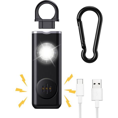 Porte-clés alarme de sécurité personnelle, sirène 130 dB, rechargeable par USB, lampe torche LED, pour femmes, filles et seniors, noir (1/5)