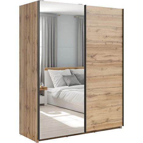 Armoire placard à 2 portes coulissantes dont 1 porte avec miroir coloris Chêne wotan - Longueur 153,5 x Profondeur 60 x Hauteur 195,5 cm (1/4)
