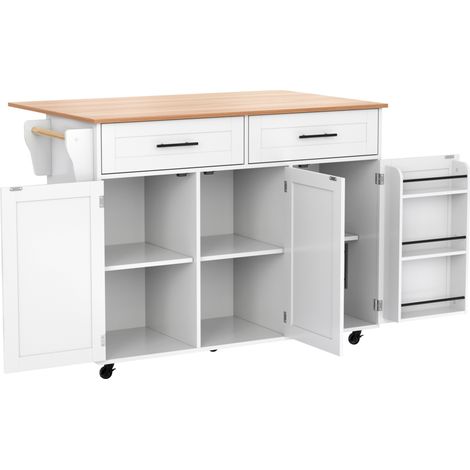 Isla de cocina con ruedas 129 x 46 x 91,5 cm blanca, encimera abatible y almacenaje HOMVRA (1/5)