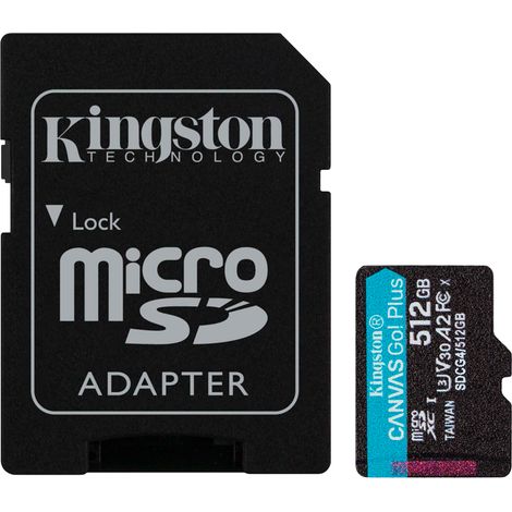 Kingston Technology Tarjeta microSDXC Canvas Go Plus Gen4 de 512 GB, 200 MB/s, A2 U3 V30 y adaptador (1/3)