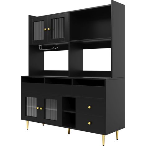Buffet haut de salle à manger (145 x 39 x 171 cm) avec portes en verre Changhong, porte-verres à vin, rangement multicouche, noir sobre avec décor doré (1/5)