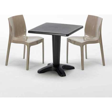 Table Carrée Noire 70x70cm Avec 2 Chaises Colorées Grand Soleil Set Bar Café Ice Aia - Beige (1/5)