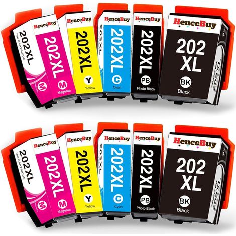 202XL Cartouches d'encre Compatibles pour Epson 202XL 202 XL pour Expression Premium XP-6100 XP-6105 XP-6000 XP-6005 XP6100 XP6105 XP6000 XP6005 Noir Cyan Magenta Jaune Noir Photo (10-Pack) (1/5)