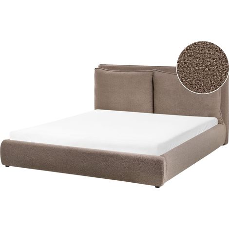 Lit Double Moderne en Bouclé 160 x 200 cm avec Tête de Lit Rembourrée Marron Bajonna
