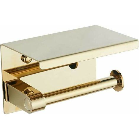 Gold 304 toilet roll holder, stainless steel toilet roll holder with shelf, wall-mounted toilet roll holder for bathroom (gold) (1/4)