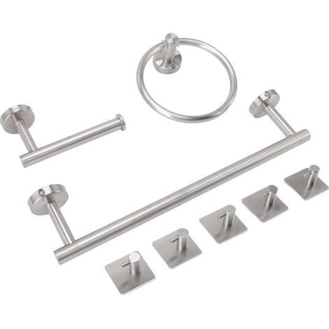 Badezimmer-Accessoire-Set aus Edelstahl 304, bestehend aus Handtuchringen, Handtuchstange, Toilettenpapierhalter und 5 Haken. (1/5)