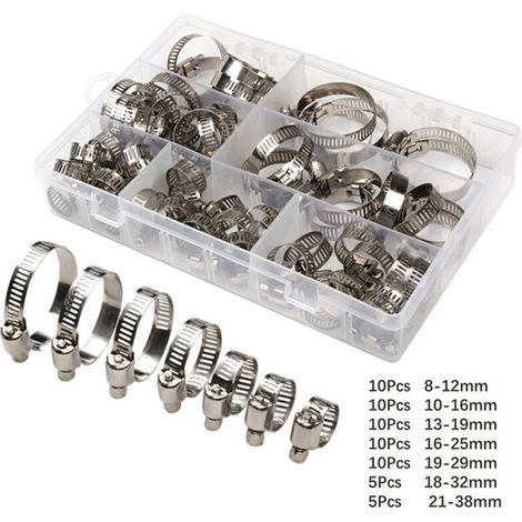 60 Pièces/8-38 mm,Collier de Serrage Réglables, Tuyau Clips, Colliers de Serrage en Acier Inoxydable, Pinces de Tuyau pour Tube A'automobiles, Piscine (1/4)