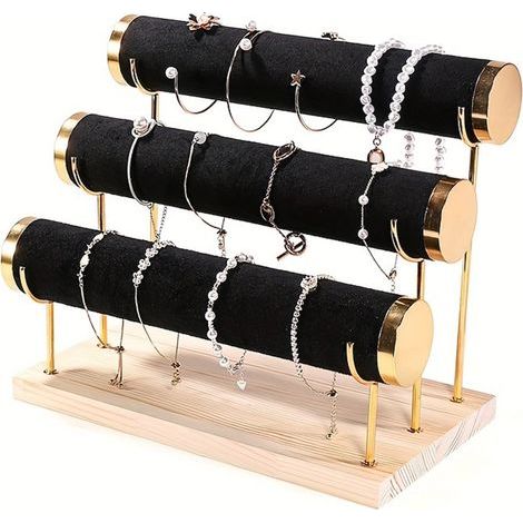 Espositore per bracciali a tre livelli, supporto per gioielli in ferro battuto con base in legno, orologio da tavolo multifunzionale e organizer per bracciali, torri portagioie - Nero (1/4)