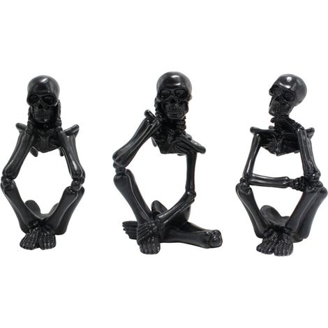 Lot de 3 figurines miniatures de squelettes penseurs en résine noire, sculpture artisanale, décoration pour la maison ou la table. (1/5)