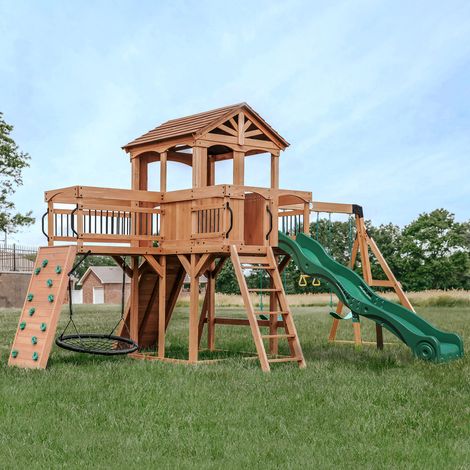 Backyard Discovery Sterling Point Wooden Climbing Frame and Swing Set with Two Swings, Trapeze and Web Swing (1/5)