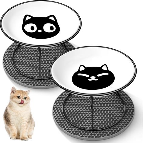 Gamelles surélevées pour chat (lot de 2) en céramique, hauteur 10 cm, avec support en métal et tapis en silicone. (1/5)