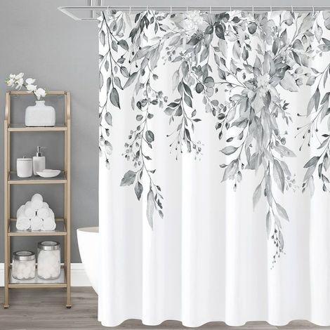 Rideau de douche à motif eucalyptus gris, ensemble rideau de douche pour salle de bain, blanc cassé, 180 x 180 cm (1/5)