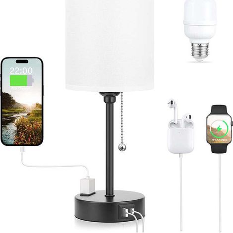 Lampe de Chevet avec 2 Ports de Charge USB, Lampe de Table E27 avec Interrupteur Ă Tirette (1/5)