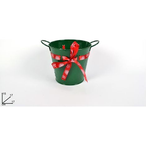Secchiello in Metallo Decorativo Natale Natalizio Verde con Nastro 17 x 15 cm