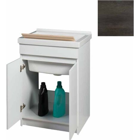 Mobile Lavatoio in Ceramica 2 Ante con Strofinatoio in Legno Massello 60x50x86A cm Olmo Scuro (1/5)