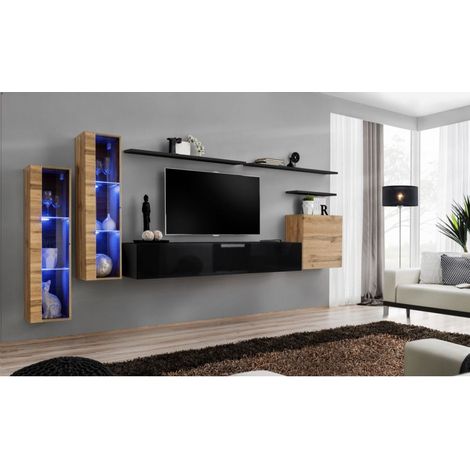 Ensemble mural - Switch XI - 2 vitrines LED - 1 banc TV - 1 vitrine carrée - 3 étagères - Bois et noir - Modèle 1 - Livraison gratuite
