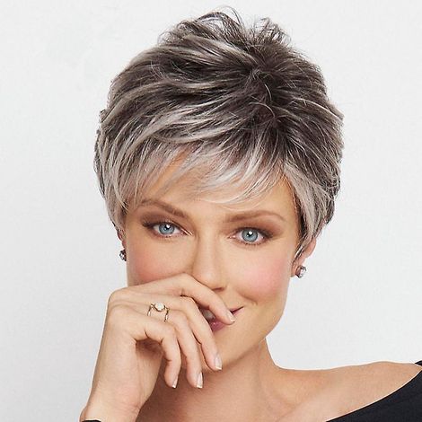 Damenperücke, modisches kurzes, glattes Haar, schwarz-weiß gefärbt, gemischte Farben, Kunstfaser, kurzes Haar-Set (1/5)