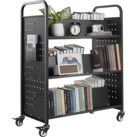 VEVOR Carrello Portalibri con Ruote 970 x 515 x 1225 mm Carrello Rotante Porta Libri, Carico 150 kg Ripiani a W Bifacciali con Ruote Bloccabili 7,6 cm per Scaffali di Casa, Ufficio e Scuola, Nero