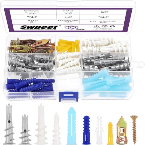Lot de 100 ancrages muraux en plastique 9 styles d'ancrage pour cloison sèche - Ancres autotaraudeuses pour suspension - Pas de trou pré-percé (1/5)