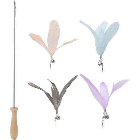 Qiilu Toy for cat Sleeves in wood telescopic Pet Cat Funny Teaser Dangler Rod Stick with 4 of plume head of replacement