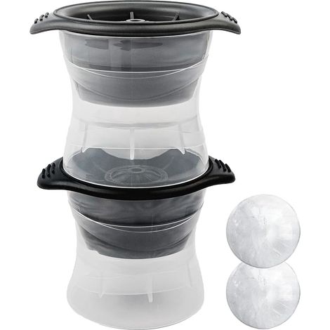 Lot de 2 grands moules à glaçons ronds pour whisky, cocktails et boissons douces. Fonte lente, refroidit durable, super grande sphère. Taille Jumbo de 6,3 cm. 2 couleurs gris et noir. (1/5)