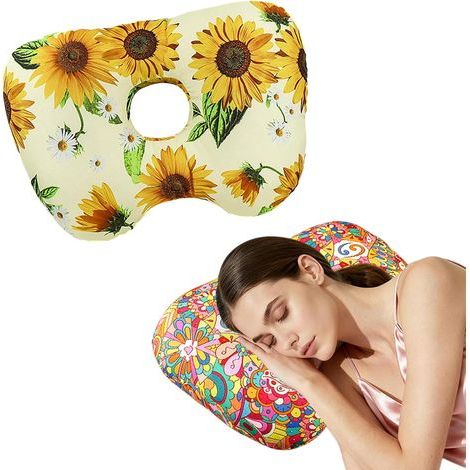 Ohrkissen mit Aussparung für Seitenschläfer — Lindert Ohrenschmerzen — Baumwoll-Polyester-Mischgewebe — Waschbarer Ohrenschoner (Sonnenblumenmuster) — 41 x 2 (1/5)
