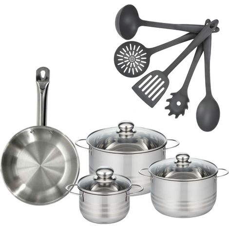 Set poêle 24 cm en inox, 3 faitouts inox 16, 20 et 24 cm et 5 ustensiles Fackelmann Eterna (1/5)